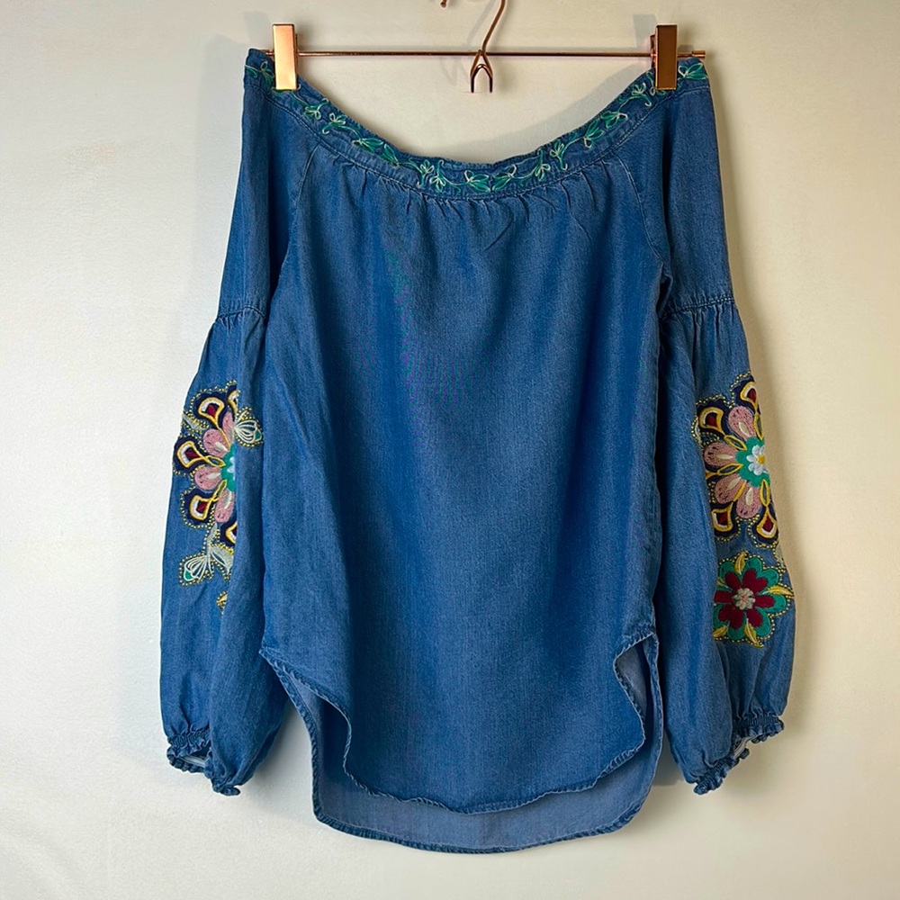 Ban Jara Chambray off shoulder Embroidered Boho  Blouse